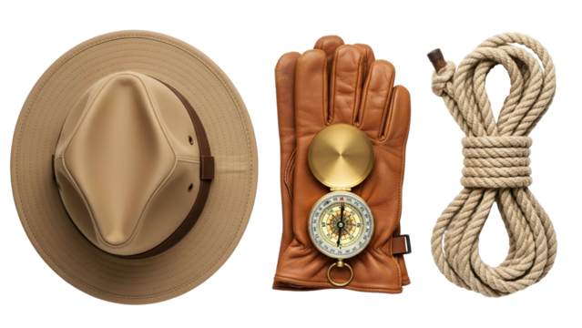 Safari Hat Leather Gloves With Compass And Rope Arranged For Adventure And Exploration On Transparent Background