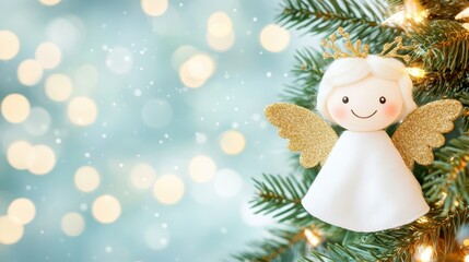 Obraz premium Holiday Angel: A handmade angel, adorned with gold wings, rests gently amidst the festive embrace of an evergreen tree. Shimmering bokeh lights create a magical backdrop.