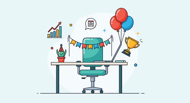 Festive office environment celebrating a business success or milestone with a decorated chair, laptop, balloons, trophy, and party cactus.