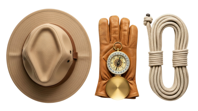 Flat lay arrangement of a textured straw hat brown leather glove and coiled rope with vintage compass on a stark black background symbolizing