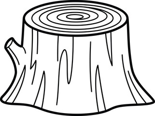 Simple black and white line drawing illustration of a tree stump with visible growth rings and a small branch stub