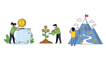 Motivational illustrations about achieving financial goals, including saving in a piggy bank, investing, and mapping a path to success.