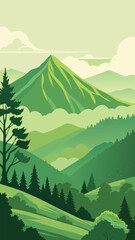 Green mountain landscape with misty valleys and pine trees