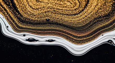 A luxurious abstract background of flowing liquid silver and swirling golden glitter on a dark surface, creating an elegant and glamorous fluid art pattern for a sophisticated design