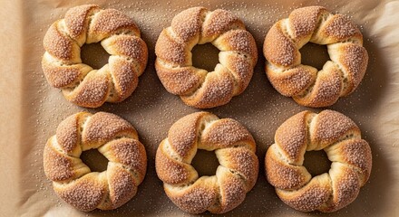 Top-down view of six freshly baked sweet braided bread rings covered in coarse sugar, arranged neatly on a sheet of brown parchment paper in a warm, inviting light
