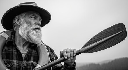 Black and white portrait of a rugged elderly man with a long beard wearing a hat and holding a canoe paddle, looking thoughtfully into the distance on a misty day