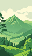 Green mountain landscape with lush forest and cloudy sky