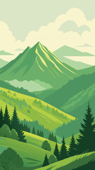 Green mountain landscape with lush forest and cloudy sky