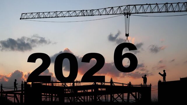 crane lifting number 6 come down to 2026 , prepare for welcome start of beginning new year 2026 with silhouette construction site and worker staff team cooperate together , sunrise sky at background