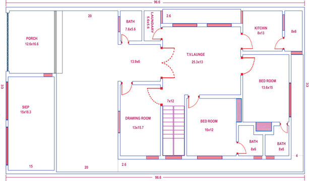 Complete house floor layout vector showing bedrooms, kitchen, lounge, baths, and structural details for architectural drawing and construction documentation 33x96.6