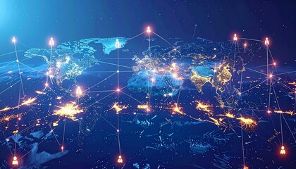 Global network with connections, and world map.