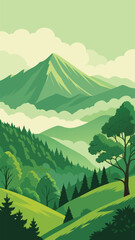 Green mountain landscape with lush forest and cloudy sky