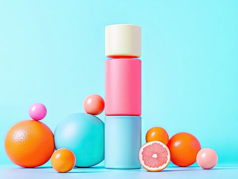 A vibrant still life composition featuring stacked cylindrical shapes in pastel colors, alongside various spheres and citrus fruits, arranged against a soft blu