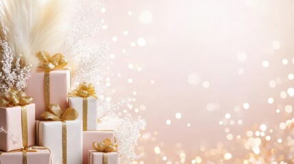 Gift Stack with Ribbon: This image shows a collection of beautifully wrapped gifts, adorned with elegant ribbons, presented in a soft and inviting light, creating a sense of luxury and celebration.