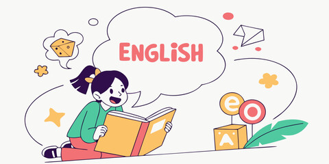 Fototapeta premium Enthusiastic young student joyfully learns English with a book, surrounded by creative learning elements, perfect for educational materials and language learning apps