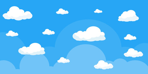 Obraz premium Illustration of a blue sky with white clouds in a flat style. Blue sky background and white clouds. Cartoon sky