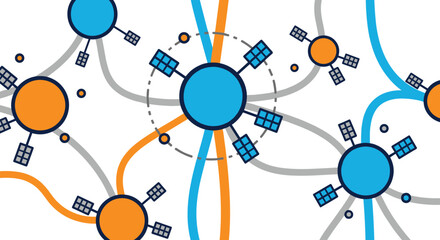 Modern seamless pattern illustrating a global network of satellites and data connections with abstract nodes and flowing lines in blue and orange.