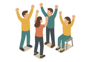 Obraz premium People cheering together, raising arms in excitement, symbolizing achievement, collaboration, and joyful support on an isometric white background