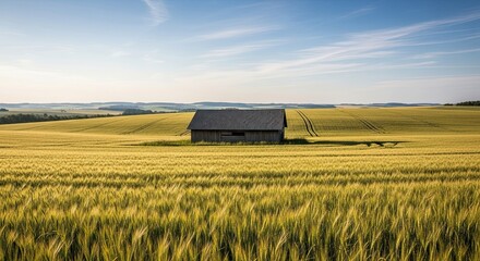 A solitary rustic wooden barn stands in a vast golden agricultural field of ripening grain over rolling hills on a peaceful sunny day with a blue sky