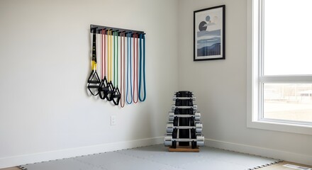 Home gym setup with resistance bands, trx, dumbbells, fitness