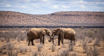 Two majestic elephants greet each other with trunks and tusks touching in a vast, arid savanna landscape, showcasing a powerful moment of wild animal communication and bonding