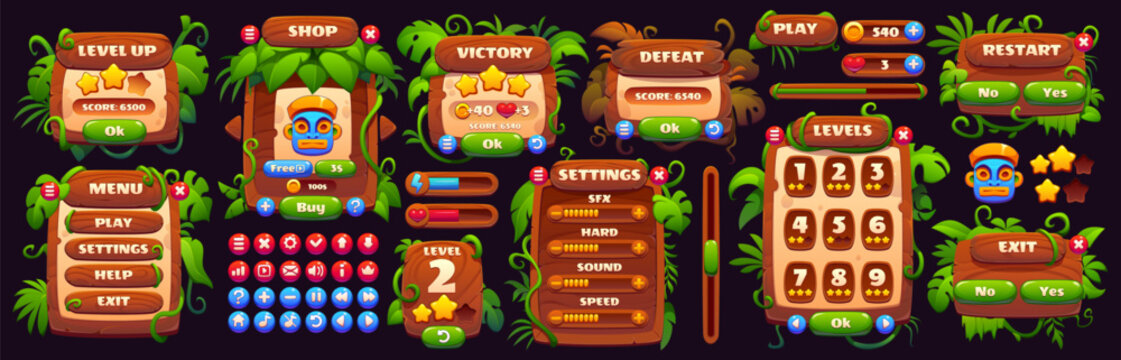 Game interface with cartoon jungle rain forest asset. Vector UI wooden board, liana vine decorations and tropical jungle buttons. Game interface shop screen panel, level selector and progress bar