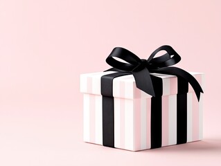Obraz premium A square gift box with pink and black vertical stripes is tied with a black satin ribbon and a bow, set against a soft pink background.