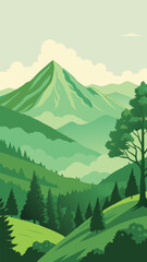 Green mountain landscape with lush forest and cloudy sky