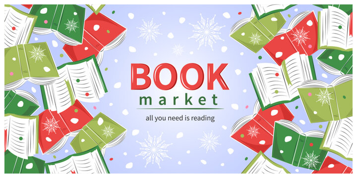 Books with winter decor, snow and snowflakes. Book market. Design background for bookstore, library, sale in bookshop. Vector illustration.