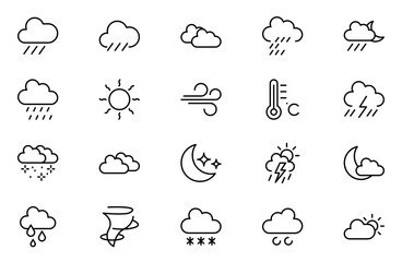 Obraz premium Weather Forecast line Icon Set. Bright and dynamic icons for accurate weather reporting, perfect for enhancing apps, websites, and digital platforms Vector icons.