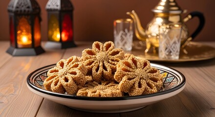 Chebakia moroccan pastries served with traditional tea setup