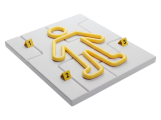 Yellow outline of a body on a white puzzle with numbered evidence markers at a crime scene illustration on transparent background