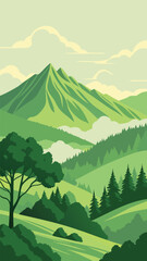 Green mountain landscape with lush forest and cloudy sky