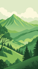 Green mountain landscape with lush forest and cloudy sky