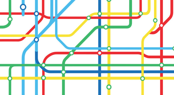 A complex, seamless pattern of an abstract city subway map with brightly colored, overlapping routes and stations on a white background.