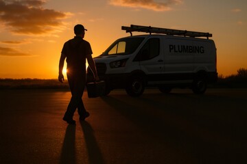 Plumber carrying a toolbox, walking towards his service van with PLUMBING on the side, silhouetted by the evening sun