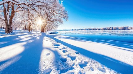 A serene winter landscape featuring snow-covered trees, a path with footprints, and a partially frozen river bathed in sunlight.