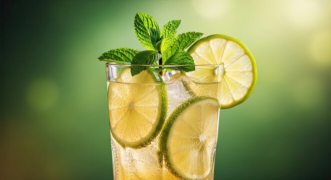 A refreshing close-up of a sparkling lime and mint beverage with ice cubes in a tall glass, beautifully garnished and backlit against a vibrant soft-focus green background - Powered by Adobe