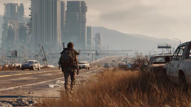 Post-apocalyptic journey: male walking in urban ruins with backpack