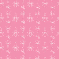Seamless pattern of  hand drawn lipstick with ribbon. Seamless nude lipstick pattern.