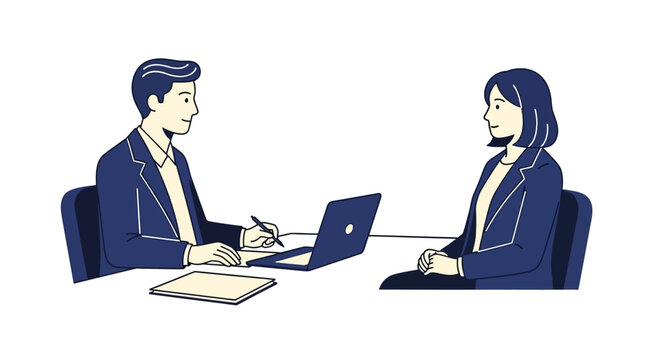 Two business professionals, a man and a woman, engaged in a meeting or interview at a table with a laptop and documents.