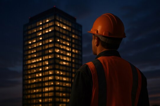 Worker in hard hat and safety vest standing, looking at an illuminated corporate building at dawn, contemplating future development - Powered by Adobe