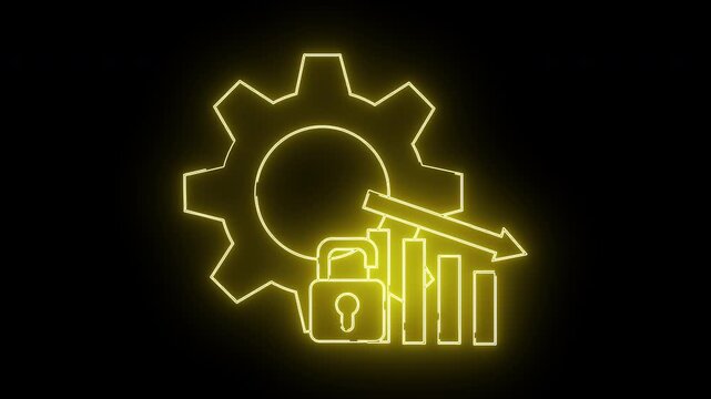 Yellow neon outline gear padlock descending bars and downward arrow against black