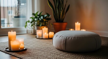 Cozy home meditation corner with candles and plants for relaxation