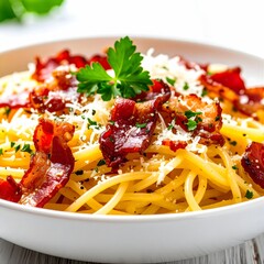 Spaghetti Carbonara mit Pancetta, Ei, Parmesan und Sahnesauce. Traditionelle italienische Küche. Nahaufnahme.