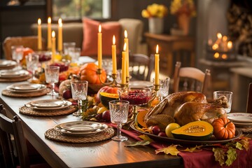 Warm and inviting thanksgiving dinner table setting adorned with pumpkins gourds candles and autumn leaves creating a festive atmosphere for celebration