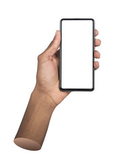 Phone in hand with mobile screen showing clear advertising promotion on clean ad frame mock up pov