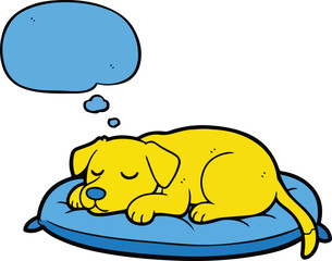 Sleeping yellow dog dreaming on a blue pillow with a thought bubble.