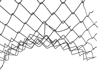 The texture of the metal mesh on a white background. Torn steel, metal mesh with holes