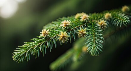 Close-up of a vibrant green coniferous branch with delicate new growth and small cones, captured with a shallow depth of field against a beautifully blurred natural background